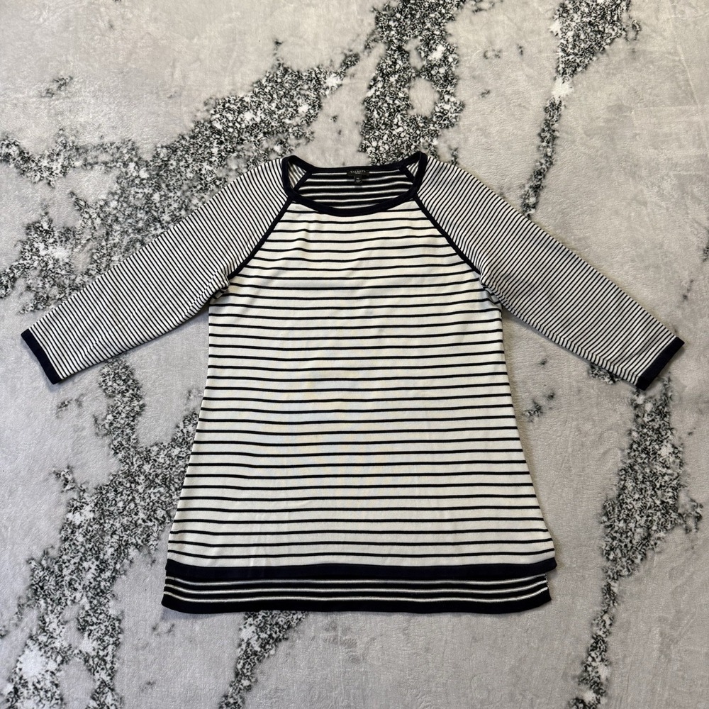 Talbots Sweater Womens Size Mp Navy White Stripes Cotton Rayon Blend 3/4 Sleeve